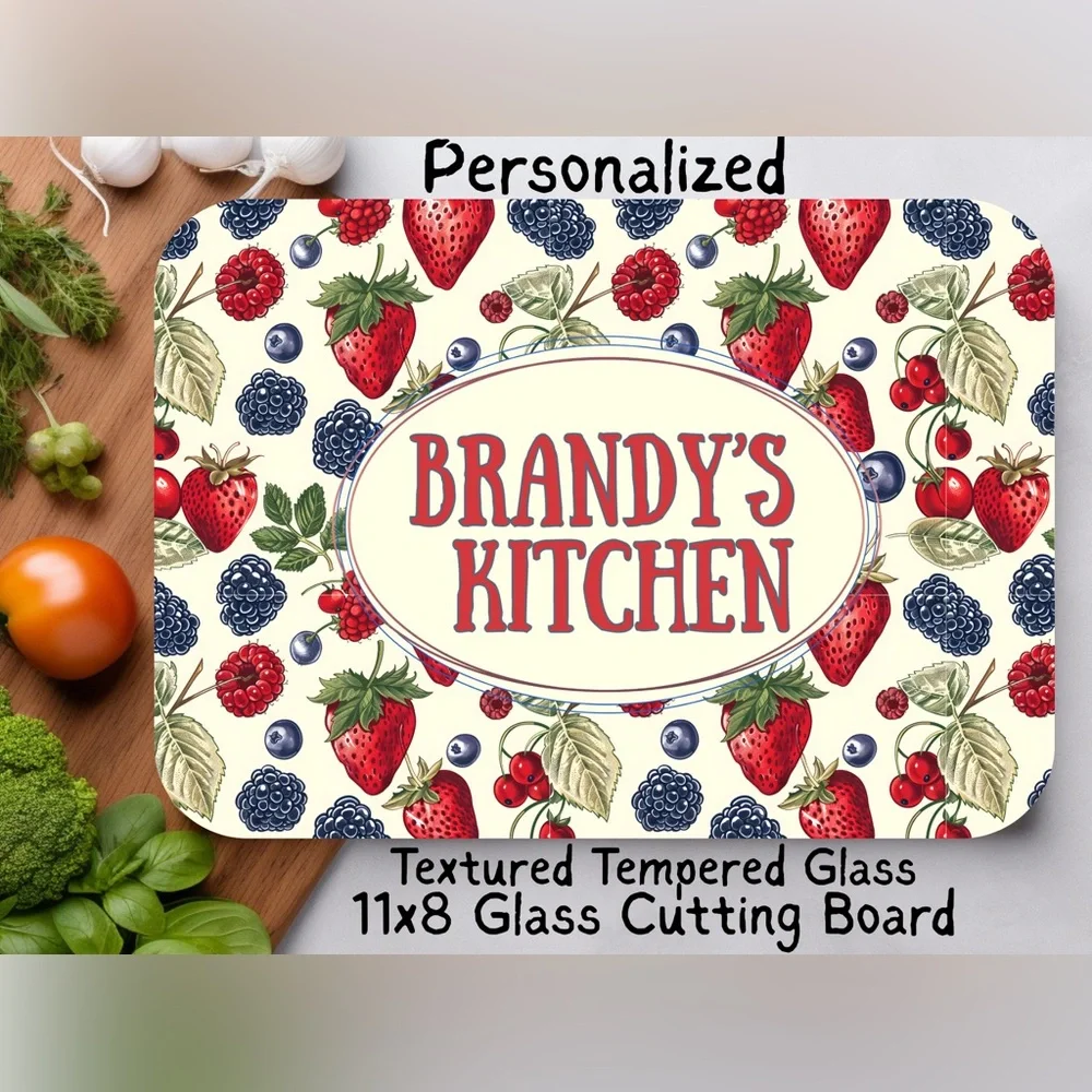 Personalized Berries Glass Cutting Board | Tempered Glass 8x11